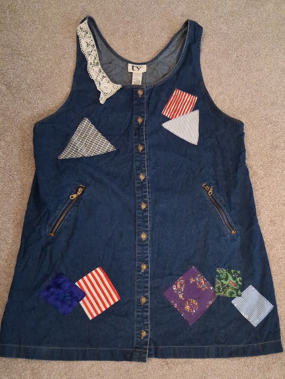 TY Original Wear Dark Blue Denim Patchwork Jumper. One Side Lace Collar. (18 W)